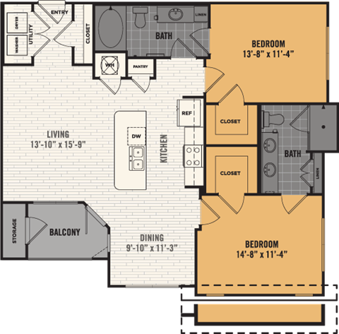 Floor plan for 2 beds, 2 baths, 1094 sqft